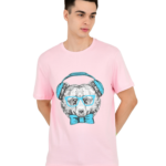 Cool Bear with Headphone Pure Cotton Pink Round Neck T Shirt for Men