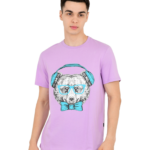Cool Bear with Headphone Pure Cotton Purple Round Neck T Shirt for Men