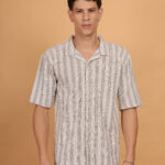 Beige & Black Striped Knitted Jacquard  Premium Cotton Shirt