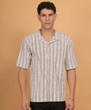 Beige & Black Striped Knitted Jacquard  Premium Cotton Shirt