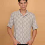 Men’s Knitted Premium Jacquard Cotton Shirt – Grey Geometric Abstract Art