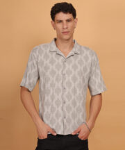 Men’s Knitted Premium Jacquard Cotton Shirt – Grey Geometric Abstract Art