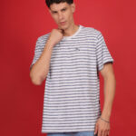 Men’s Premium Pure Cotton Round-Neck Striped T-Shirt – White with Navy Blue Lines