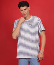 Men’s Premium Pure Cotton Round-Neck Striped T-Shirt – White with Navy Blue Lines