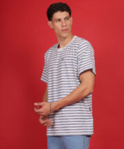 Men’s Premium Pure Cotton Round-Neck Striped T-Shirt – White with Navy Blue Lines - Image 3