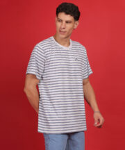 Men’s Premium Pure Cotton Round-Neck Striped T-Shirt – White with Navy Blue Lines - Image 2