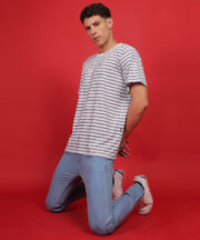 Men’s Premium Pure Cotton Round-Neck Striped T-Shirt – White with Navy Blue Lines - Image 6