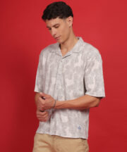 Men’s Knitted Premium Jacquard Cotton Shirt – Beige Flower Pattern - Image 6