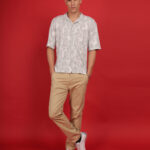 Men’s Knitted Premium Jacquard Cotton Shirt – Beige Flower Pattern