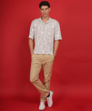 Men’s Knitted Premium Jacquard Cotton Shirt – Beige Flower Pattern