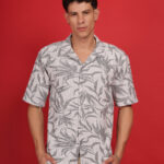 Light Coffee with Palm leaf print men's Premium knitted Cotton shirt