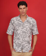 Light Coffee with Palm leaf print men's Premium knitted Cotton shirt