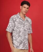 Light Coffee with Palm leaf print men's Premium knitted Cotton shirt - Image 3