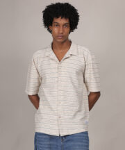 Men’s Knitted Jacquard Premium Cotton Shirt – Beige Striped Elegance