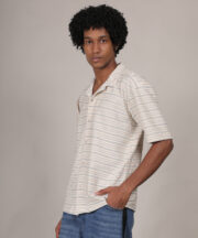 Men’s Knitted Jacquard Premium Cotton Shirt – Beige Striped Elegance - Image 3