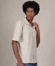 Men’s Knitted Jacquard Premium Cotton Shirt – Beige Striped Elegance - Image 4