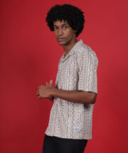 Men’s Knitted Premium Jacquard Cotton Shirt – Beige Tribal Pattern - Image 2