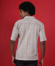 Men’s Knitted Premium Jacquard Cotton Shirt – Beige Tribal Pattern - Image 4