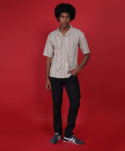 Men’s Knitted Premium Jacquard Cotton Shirt – Beige Tribal Pattern - Image 5