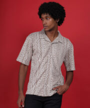 Men’s Knitted Premium Jacquard Cotton Shirt – Beige Tribal Pattern