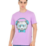 Cool Bear with Headphone Pure Cotton Purple Round Neck T Shirt for Men