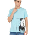 White Panda Print Pure Cotton Round Neck  Blue T Shirt for Men